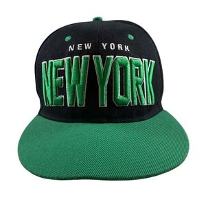 New York Snapback Hat‎ Mens OSFM Black Green T&T Embroidered Flat Brim Cap